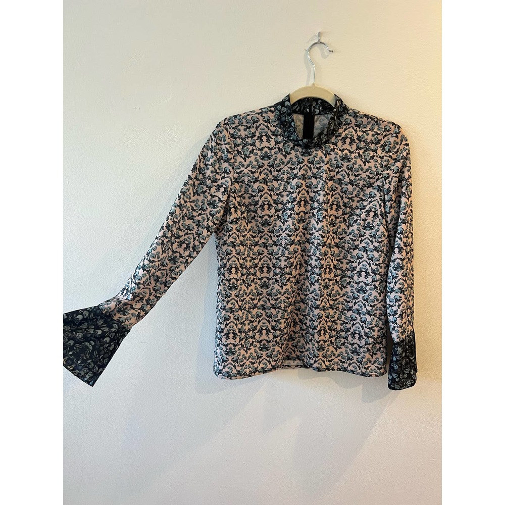 floral mock neck long sleeve blouse with bell sleeves